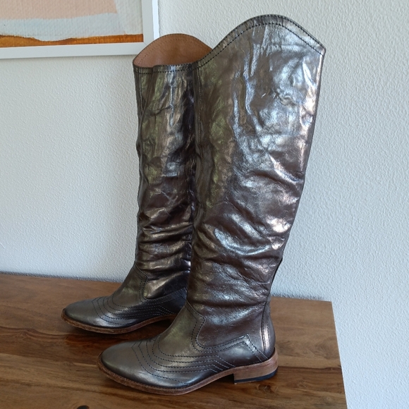 Free People Knee High Metallic Silver Leather Cowboy Boots / Size 36 - Picture 1 of 9